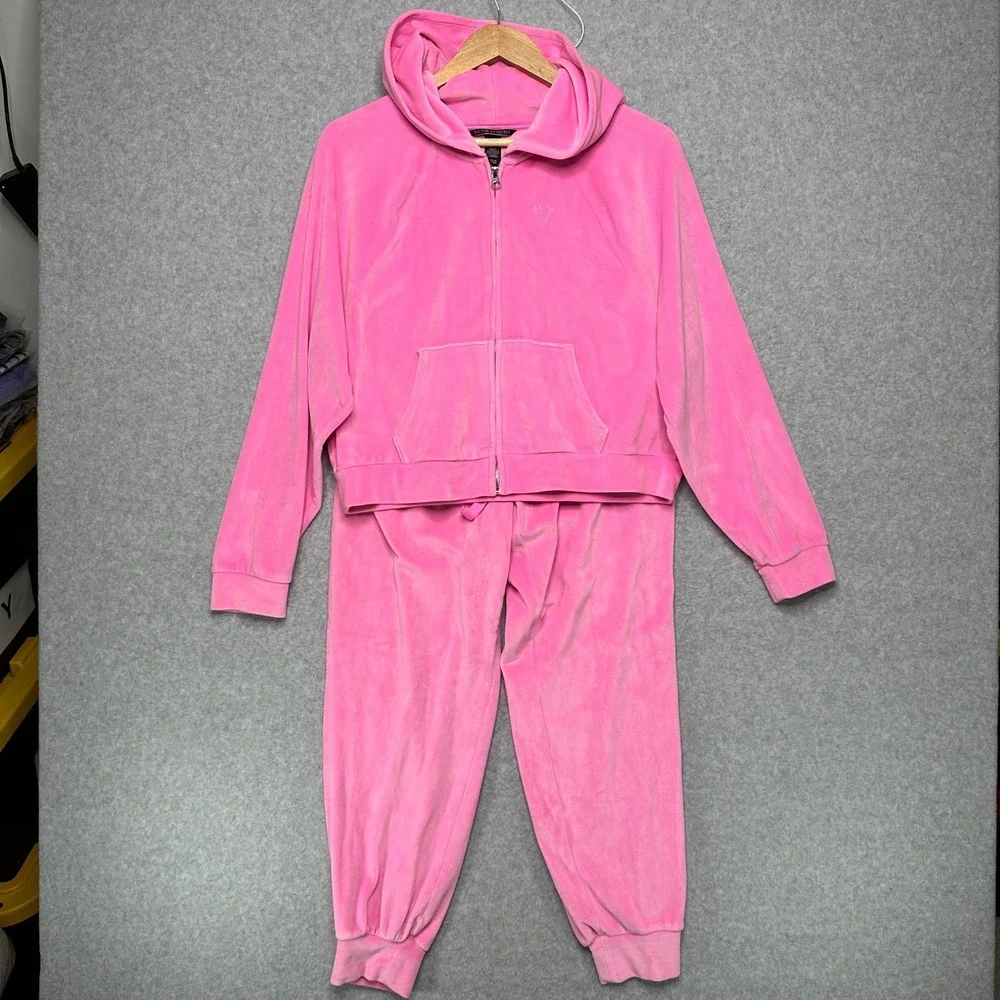 Victoria's Secret Pink Velour Tracksuit Set Zip Hoodie Joggers Womens Small